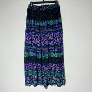 Vintage Papa 90s Black Purple Green Boho Print Broomstick Maxi Skirt XL Festival